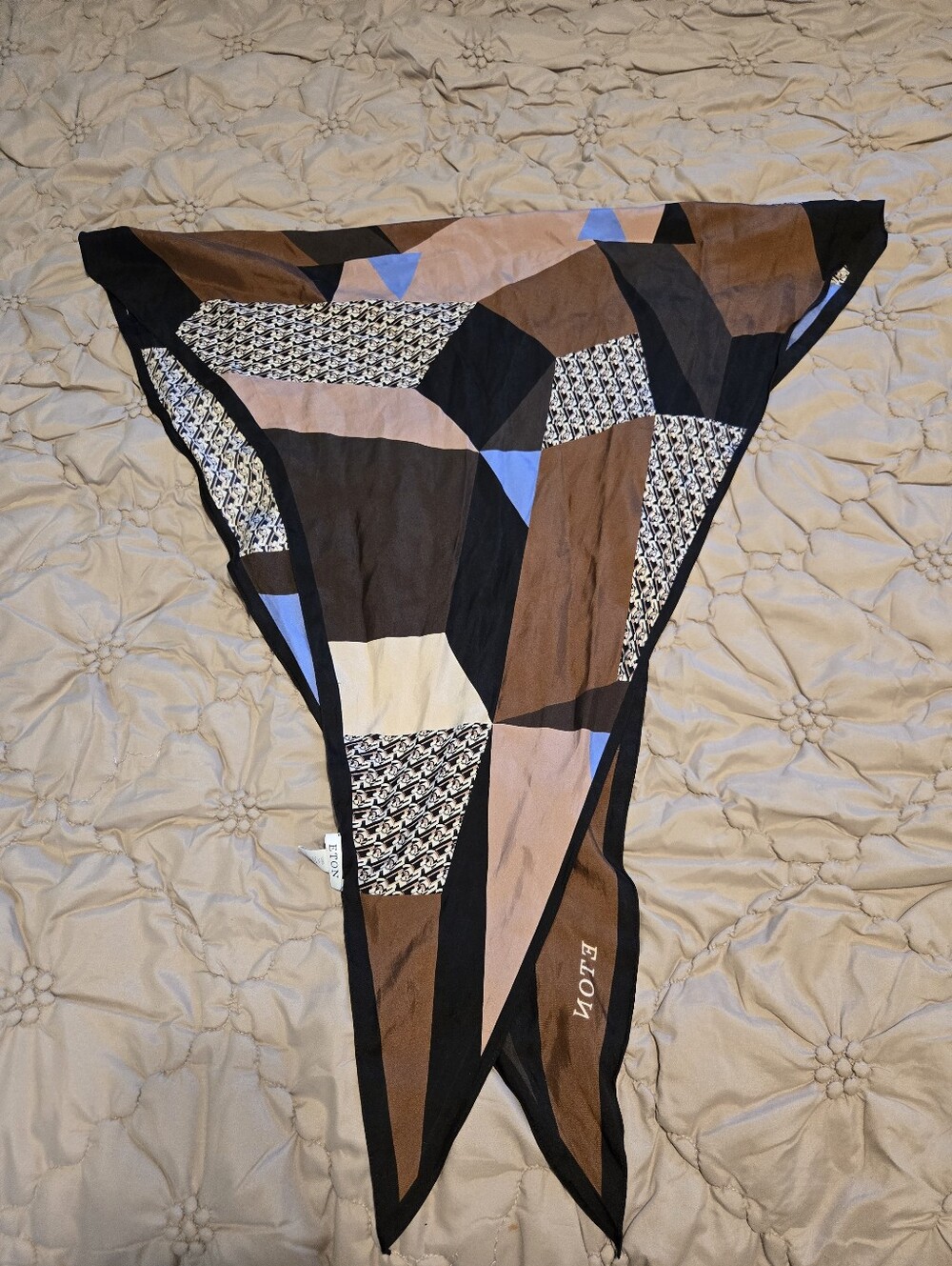 Eton Silk Scarf with Brown, Black and Cream Geometric Print